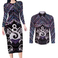 New Zealand Maori Couples Matching Long Sleeve Bodycon Dress and Long Sleeve Button Shirt Poutama Pikorua Purple Paua Shell
