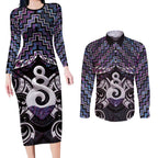 New Zealand Maori Couples Matching Long Sleeve Bodycon Dress and Long Sleeve Button Shirt Poutama Pikorua Purple Paua Shell