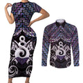 New Zealand Maori Couples Matching Short Sleeve Bodycon Dress and Long Sleeve Button Shirt Poutama Pikorua Purple Paua Shell
