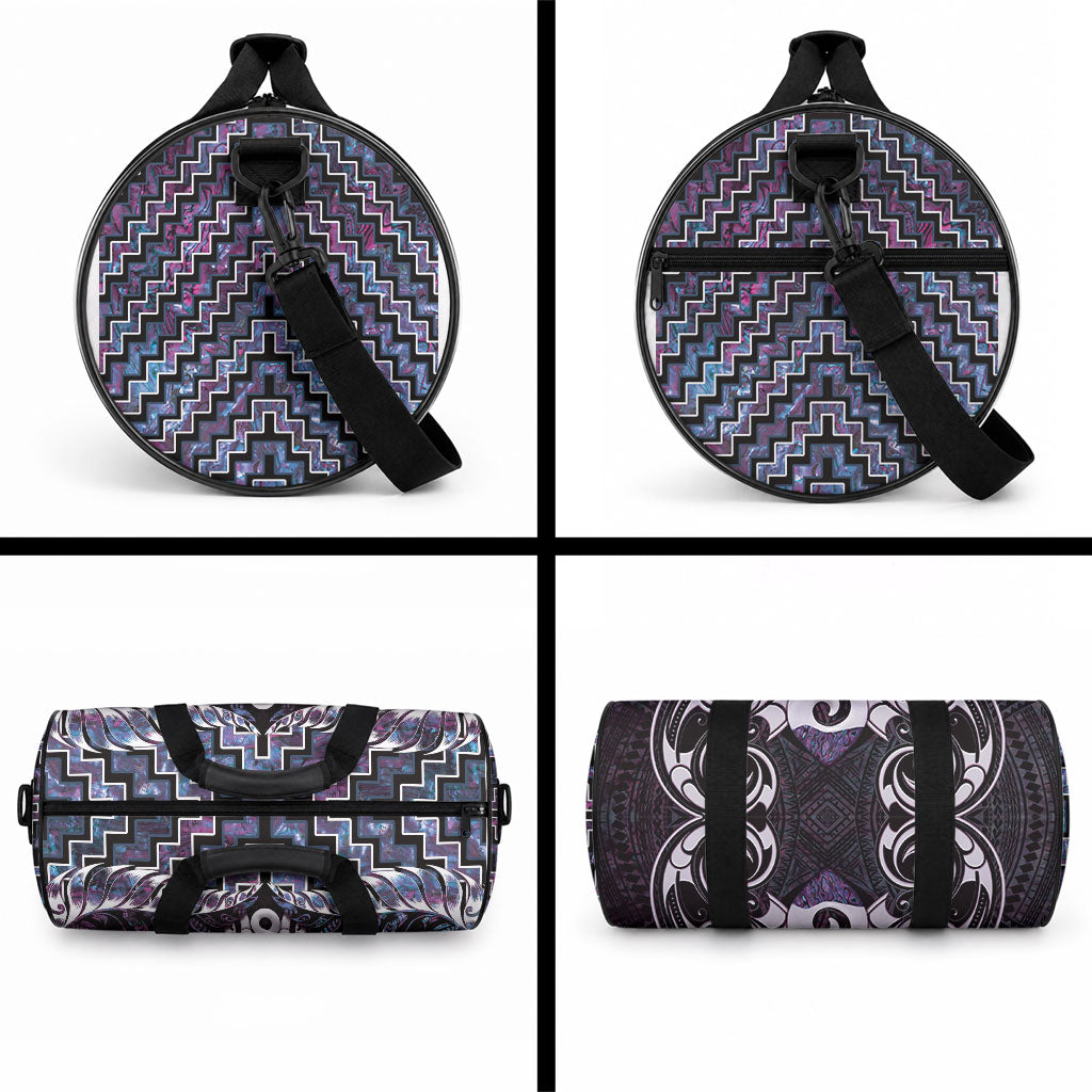 New Zealand Maori Duffle Bag Poutama Pikorua Purple Paua Shell
