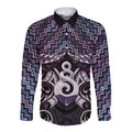 New Zealand Maori Long Sleeve Button Shirt Poutama Pikorua Purple Paua Shell