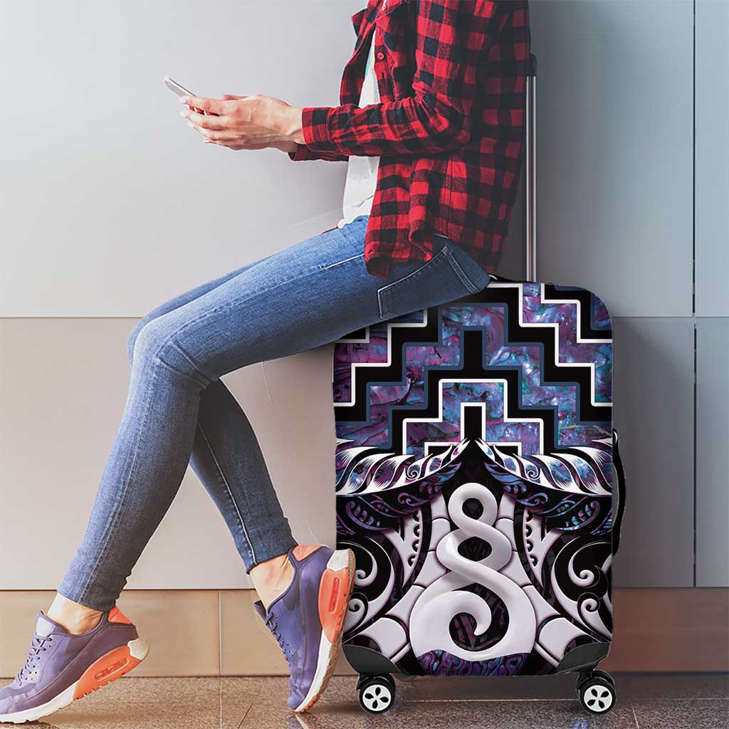 New Zealand Maori Luggage Cover Poutama Pikorua Purple Paua Shell