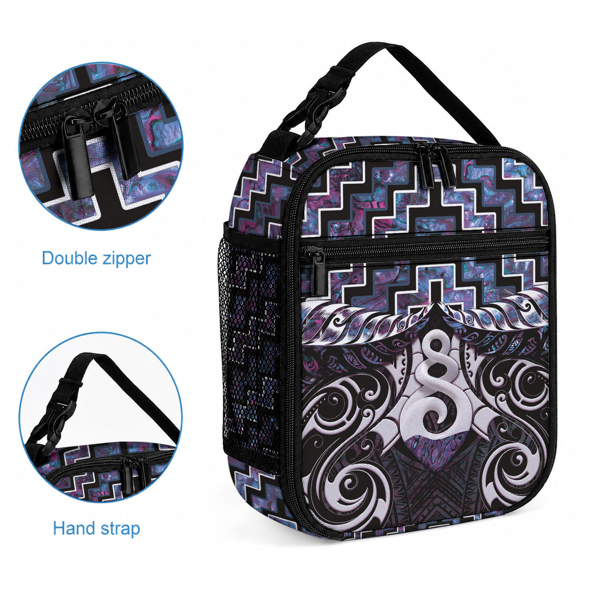 New Zealand Maori Lunch Bag Poutama Pikorua Purple Paua Shell