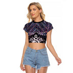New Zealand Maori Raglan Cropped T Shirt Poutama Pikorua Purple Paua Shell