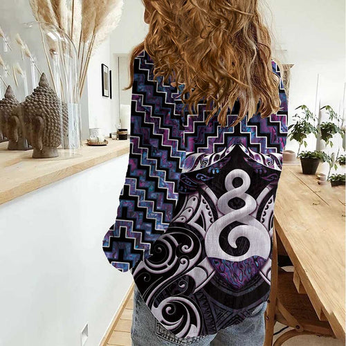 New Zealand Maori Women Casual Shirt Poutama Pikorua Purple Paua Shell