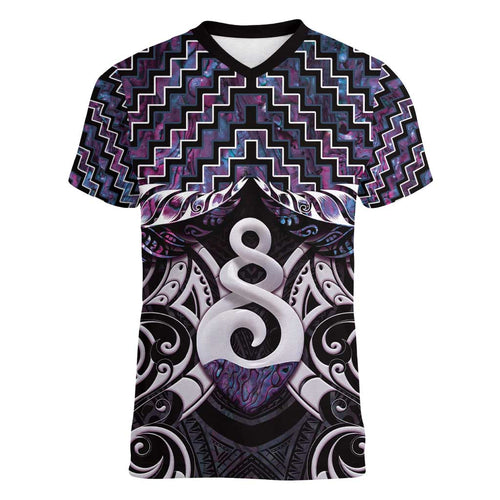 New Zealand Maori Women V-Neck T-Shirt Poutama Pikorua Purple Paua Shell