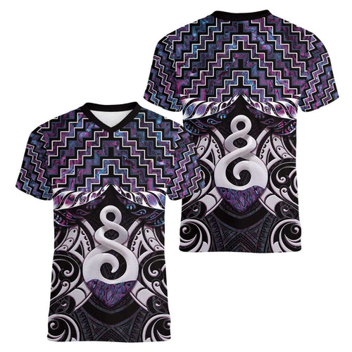 New Zealand Maori Women V-Neck T-Shirt Poutama Pikorua Purple Paua Shell