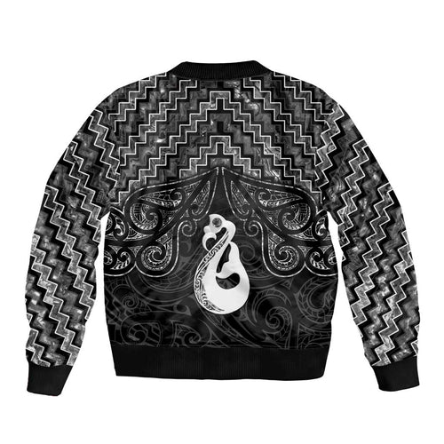 New Zealand Maori Bomber Jacket Poutama Manaia Black Paua Shell