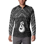 New Zealand Maori Button Sweatshirt Poutama Manaia Black Paua Shell