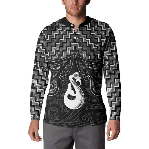 New Zealand Maori Button Sweatshirt Poutama Manaia Black Paua Shell