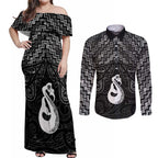 New Zealand Maori Couples Matching Off Shoulder Maxi Dress and Long Sleeve Button Shirt Poutama Manaia Black Paua Shell