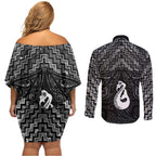 New Zealand Maori Couples Matching Off Shoulder Short Dress and Long Sleeve Button Shirt Poutama Manaia Black Paua Shell