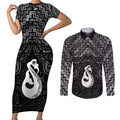 New Zealand Maori Couples Matching Short Sleeve Bodycon Dress and Long Sleeve Button Shirt Poutama Manaia Black Paua Shell