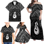 New Zealand Maori Family Matching Off Shoulder Maxi Dress and Hawaiian Shirt Poutama Manaia Black Paua Shell
