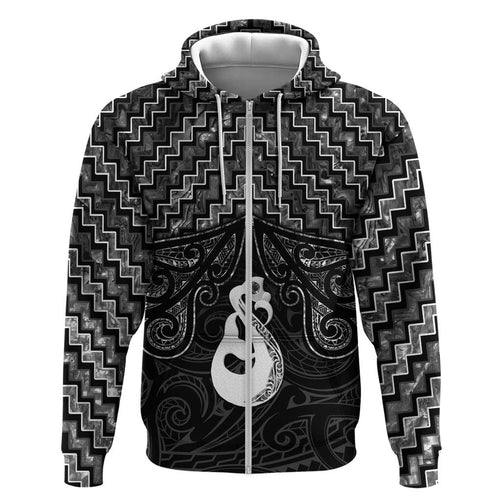 New Zealand Maori Hoodie Poutama Manaia Black Paua Shell