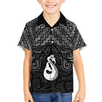New Zealand Maori Kid Hawaiian Shirt Poutama Manaia Black Paua Shell