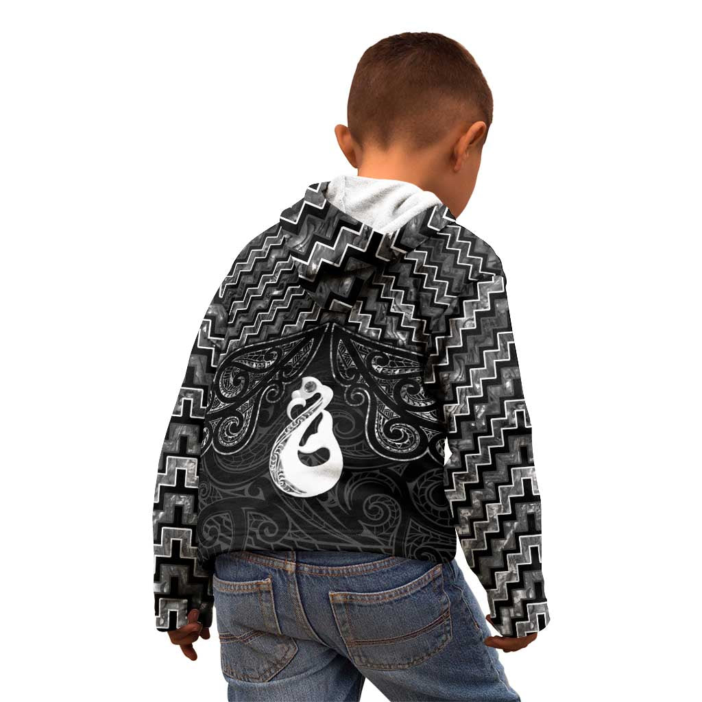 New Zealand Maori Kid Hoodie Poutama Manaia Black Paua Shell
