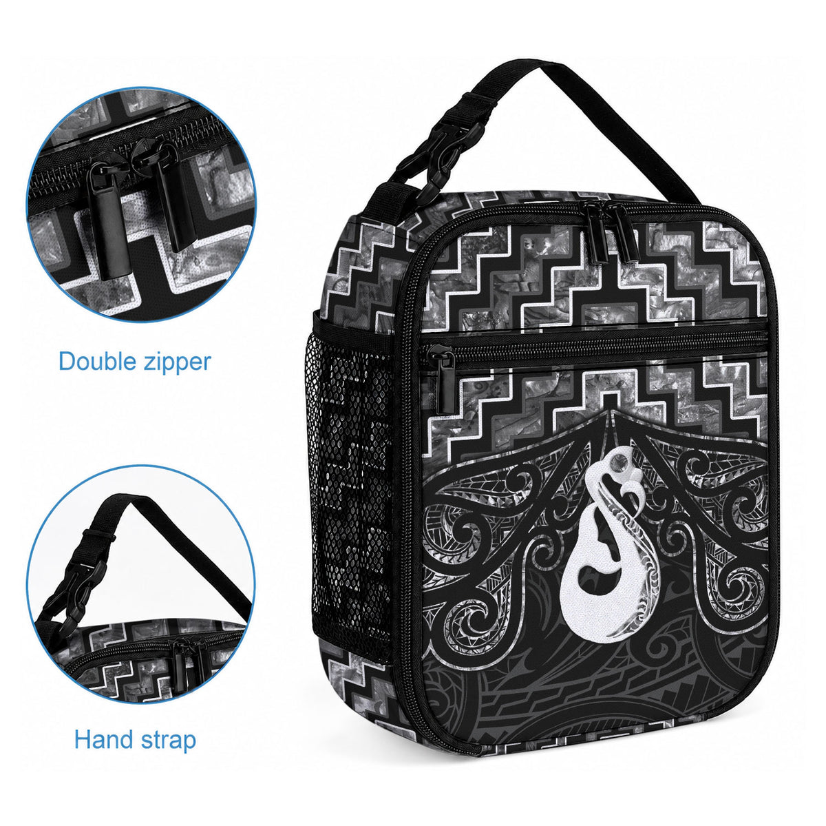 New Zealand Maori Lunch Bag Poutama Manaia Black Paua Shell