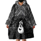 New Zealand Maori Wearable Blanket Hoodie Poutama Manaia Black Paua Shell