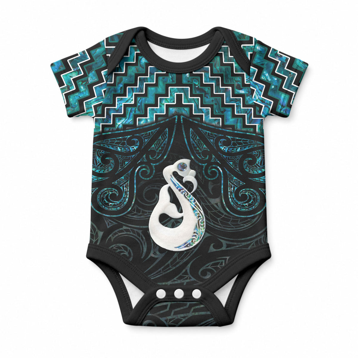 New Zealand Maori Baby Onesie Poutama Manaia Turquoise Paua Shell