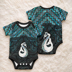 New Zealand Maori Baby Onesie Poutama Manaia Turquoise Paua Shell
