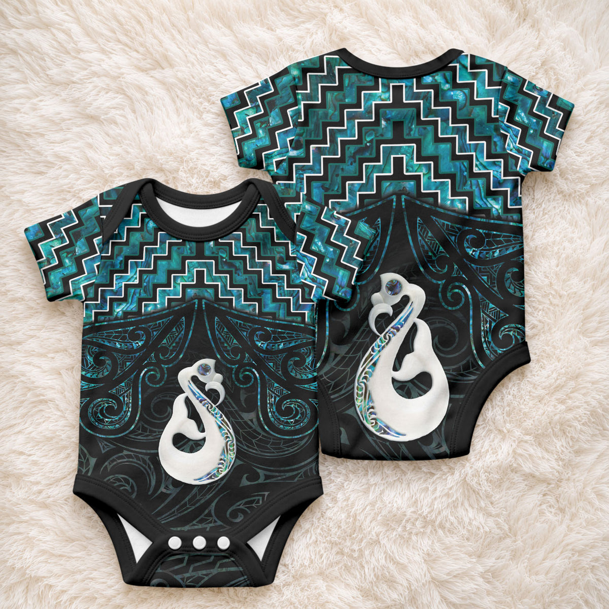 New Zealand Maori Baby Onesie Poutama Manaia Turquoise Paua Shell
