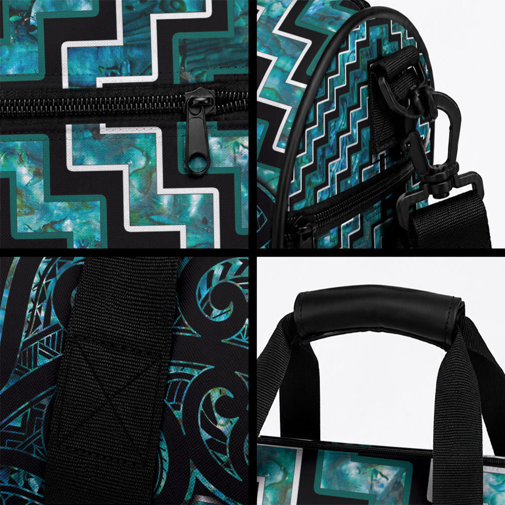 New Zealand Maori Duffle Bag Poutama Manaia Turquoise Paua Shell