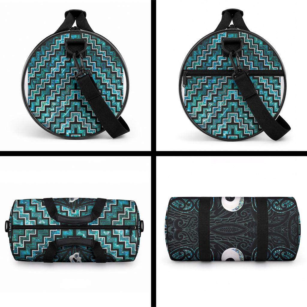New Zealand Maori Duffle Bag Poutama Manaia Turquoise Paua Shell
