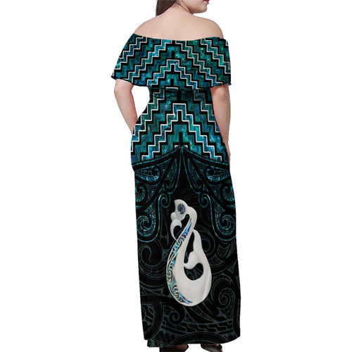 New Zealand Maori Family Matching Off Shoulder Maxi Dress and Hawaiian Shirt Poutama Manaia Turquoise Paua Shell