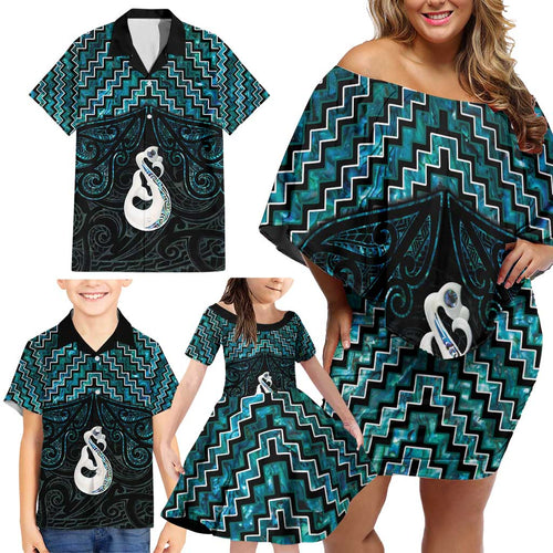 New Zealand Maori Family Matching Off Shoulder Short Dress and Hawaiian Shirt Poutama Manaia Turquoise Paua Shell