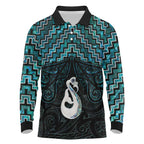 New Zealand Maori Long Sleeve Polo Shirt Poutama Manaia Turquoise Paua Shell