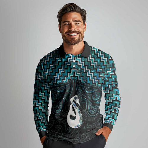 New Zealand Maori Long Sleeve Polo Shirt Poutama Manaia Turquoise Paua Shell