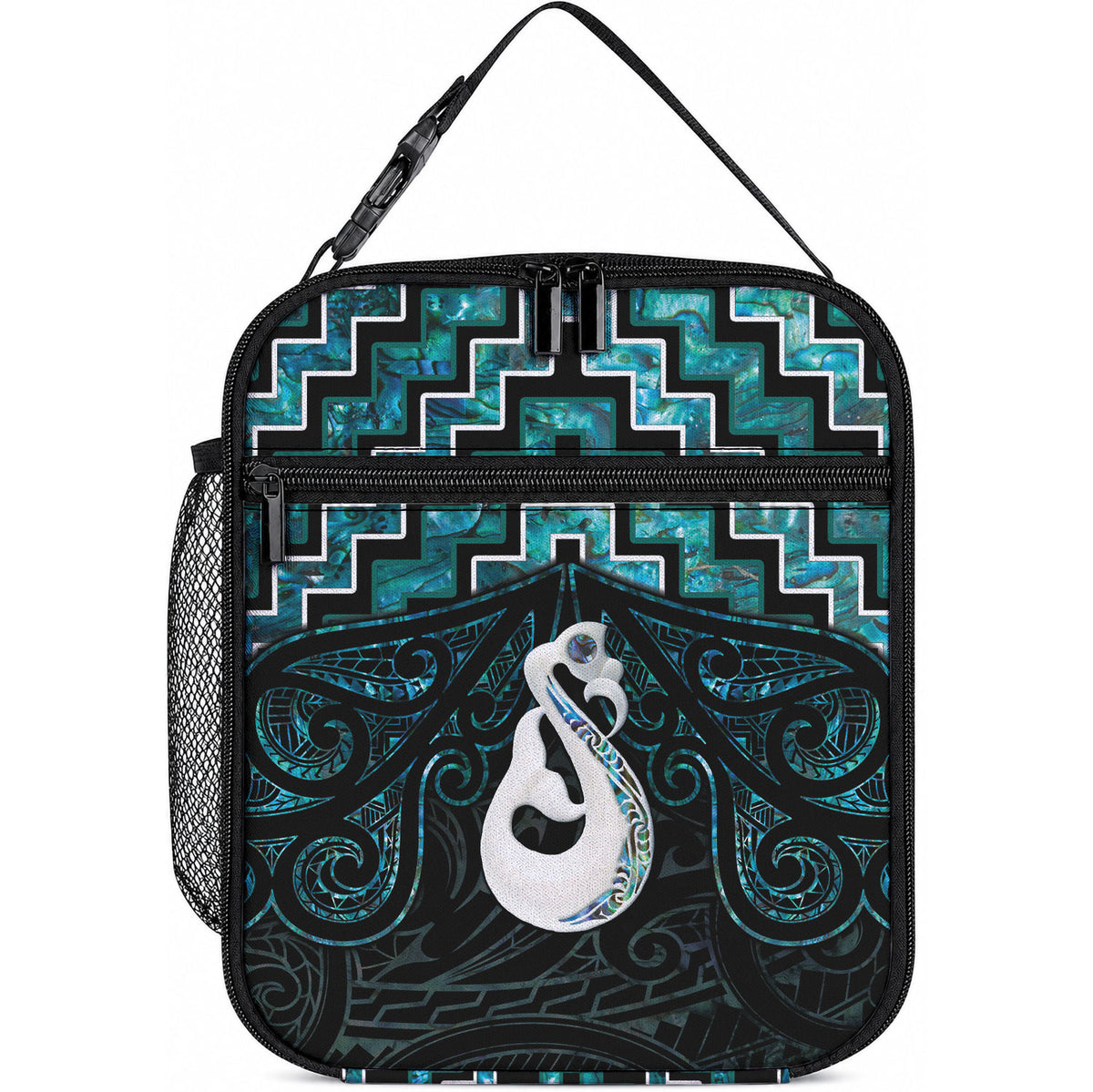 New Zealand Maori Lunch Bag Poutama Manaia Turquoise Paua Shell