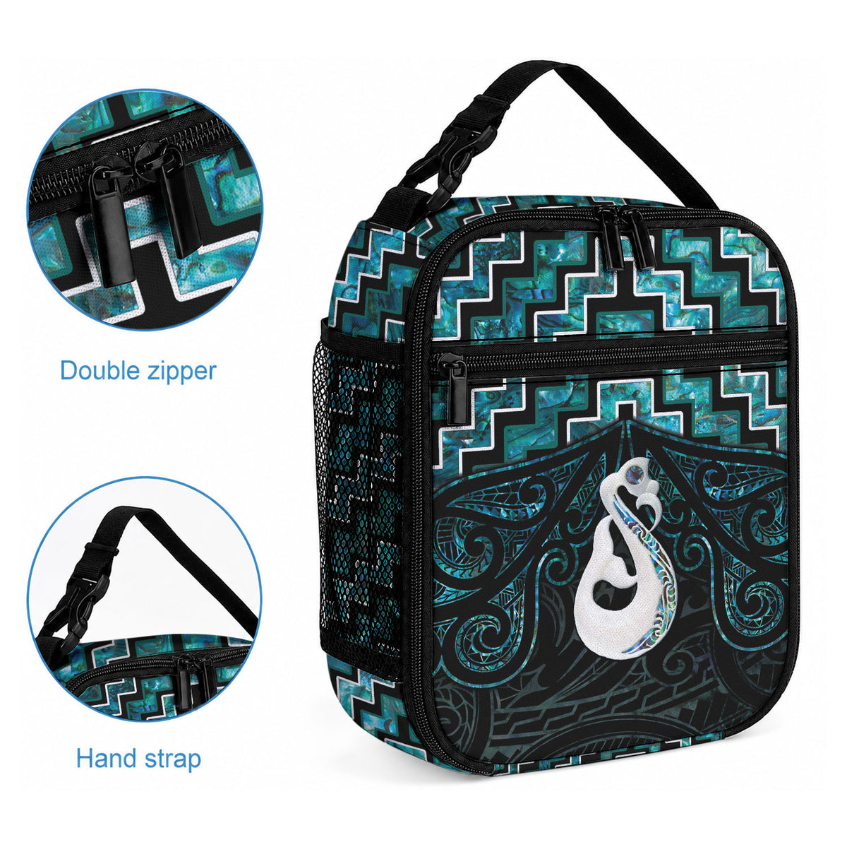 New Zealand Maori Lunch Bag Poutama Manaia Turquoise Paua Shell
