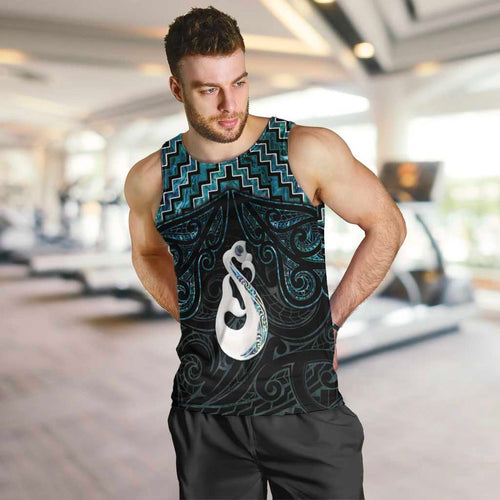 New Zealand Maori Men Tank Top Poutama Manaia Turquoise Paua Shell