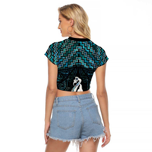 New Zealand Maori Raglan Cropped T Shirt Poutama Manaia Turquoise Paua Shell