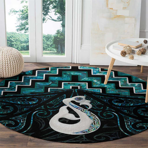 New Zealand Maori Round Carpet Poutama Manaia Turquoise Paua Shell