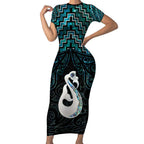 New Zealand Maori Short Sleeve Bodycon Dress Poutama Manaia Turquoise Paua Shell