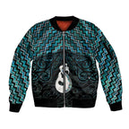 New Zealand Maori Sleeve Zip Bomber Jacket Poutama Manaia Turquoise Paua Shell
