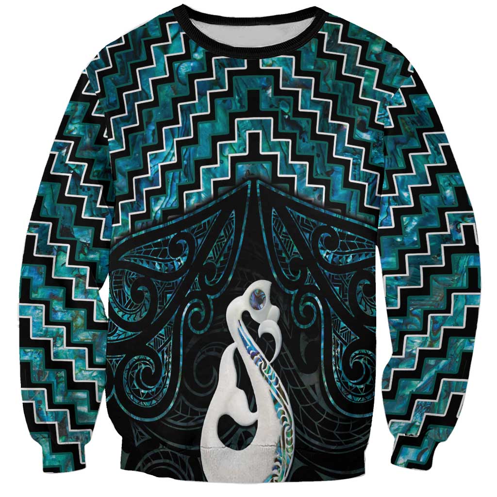 New Zealand Maori Sweatshirt Poutama Manaia Turquoise Paua Shell