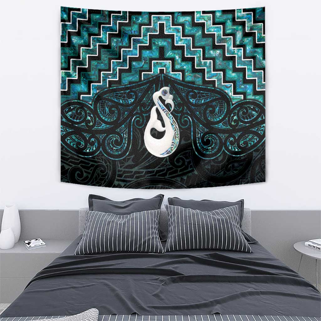 New Zealand Maori Tapestry Poutama Manaia Turquoise Paua Shell