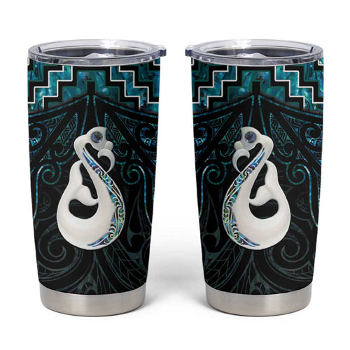 New Zealand Maori Tumbler Cup Poutama Manaia Turquoise Paua Shell