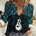 New Zealand Maori Women Casual Shirt Poutama Manaia Turquoise Paua Shell