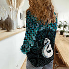 New Zealand Maori Women Casual Shirt Poutama Manaia Turquoise Paua Shell