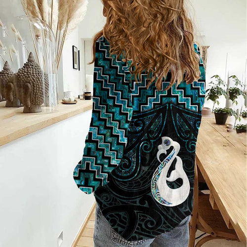 New Zealand Maori Women Casual Shirt Poutama Manaia Turquoise Paua Shell