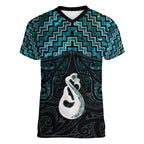 New Zealand Maori Women V-Neck T-Shirt Poutama Manaia Turquoise Paua Shell