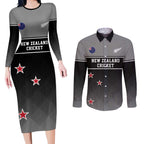 Custom New Zealand Cricket Couples Matching Long Sleeve Bodycon Dress and Long Sleeve Button Shirt Black Cap Unbeatable