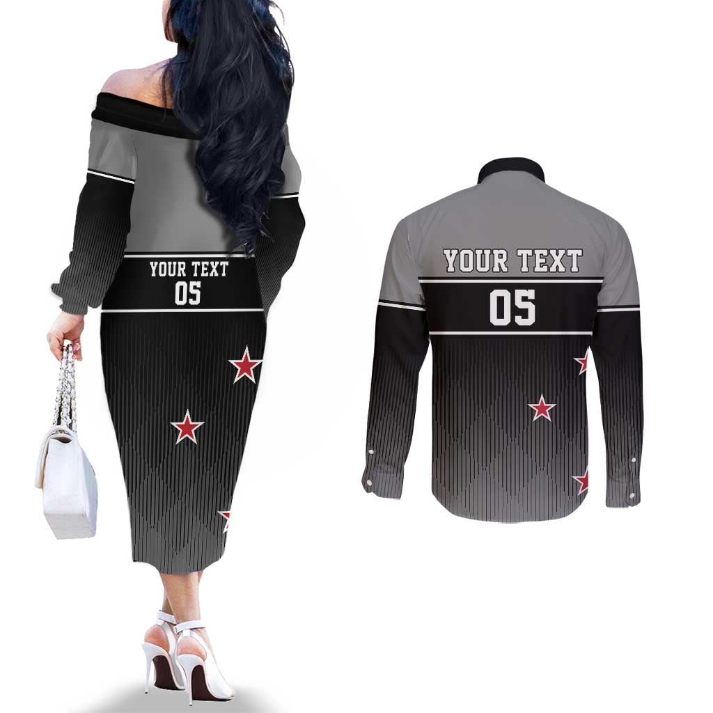 Custom New Zealand Cricket Couples Matching Off The Shoulder Long Sleeve Dress and Long Sleeve Button Shirt Black Cap Unbeatable
