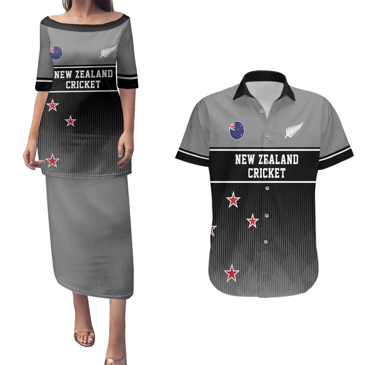 Custom New Zealand Cricket Couples Matching Puletasi and Hawaiian Shirt Black Cap Unbeatable