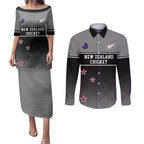 Custom New Zealand Cricket Couples Matching Puletasi and Long Sleeve Button Shirt Black Cap Unbeatable